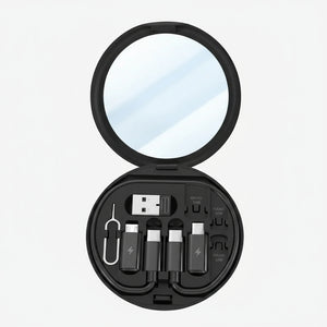 Black compact case with mirror and electronic accessories on a white background