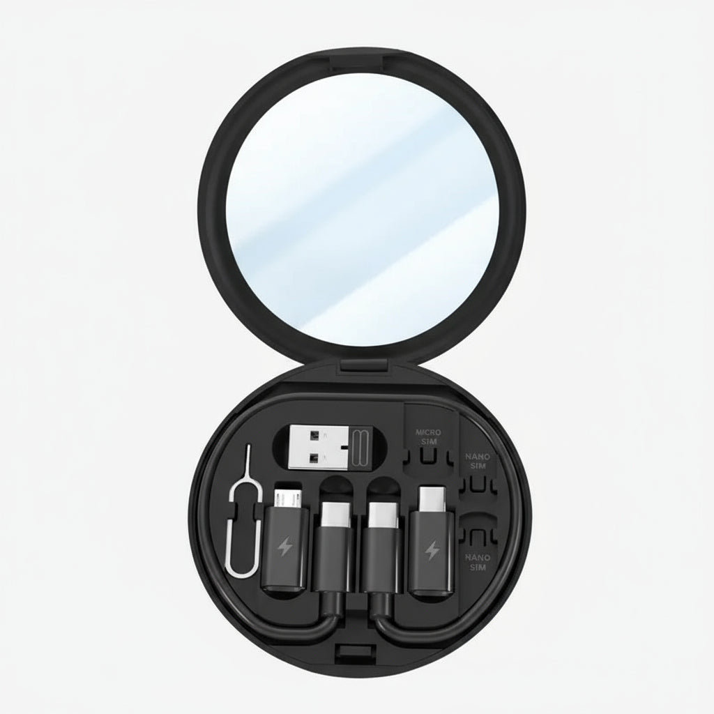 Black compact case with mirror and electronic accessories on a white background