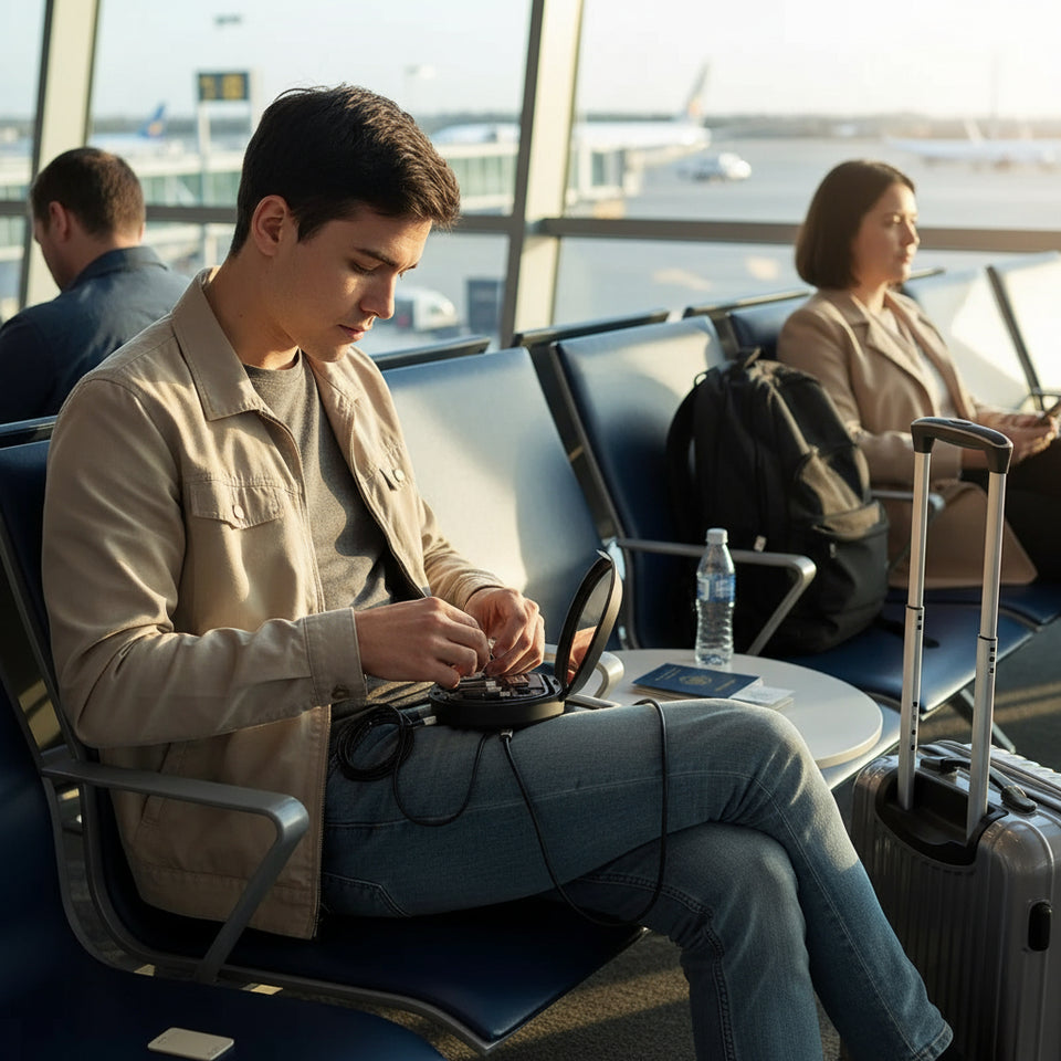 Black compact mirror with USB cable, charging adapter, and other electronic accessories on a white background