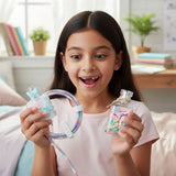 Hand holding a colorful lanyard with butterfly designs against a white background
