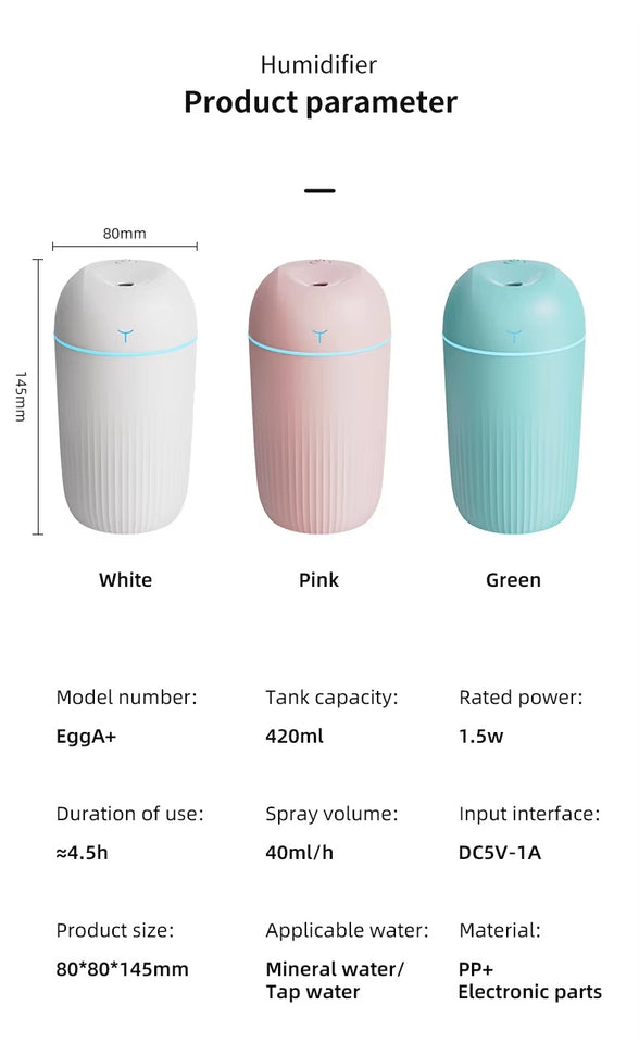 Humidifier product with color options and specifications on a white background
