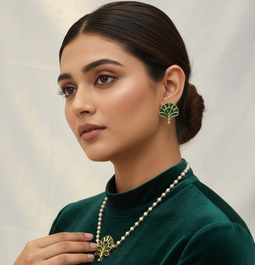 Jewelry set with necklace and earrings  wearing women 