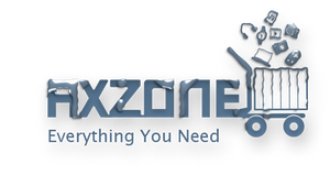 Logo of Axzone with a shopping cart icon on a white background