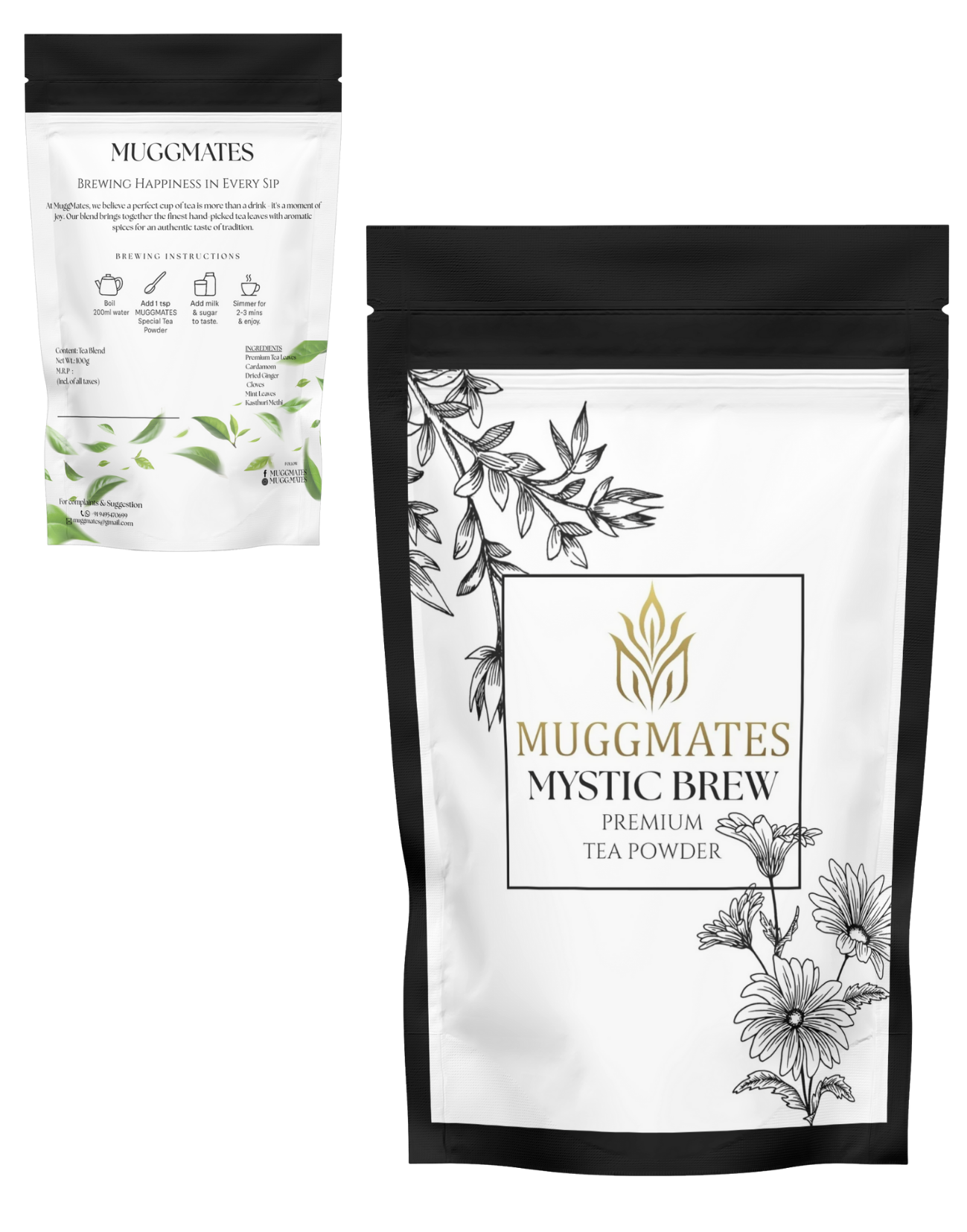 Muggmates Mystic Brew tea powder packaging with branding and product details.