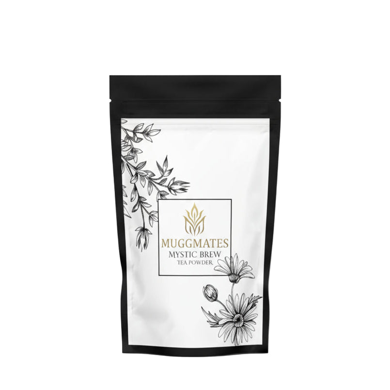 Muggmates tea package with botanical designs on a white background