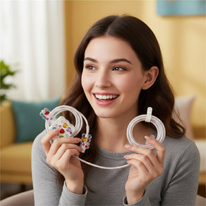 Decorative phone charger with colorful gemstones on a white background