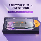 Phone screen protector with text 'Apply the film in one second' on a purple background