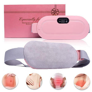 Pink and gray waist massage belt with digital display and gift box on a white background