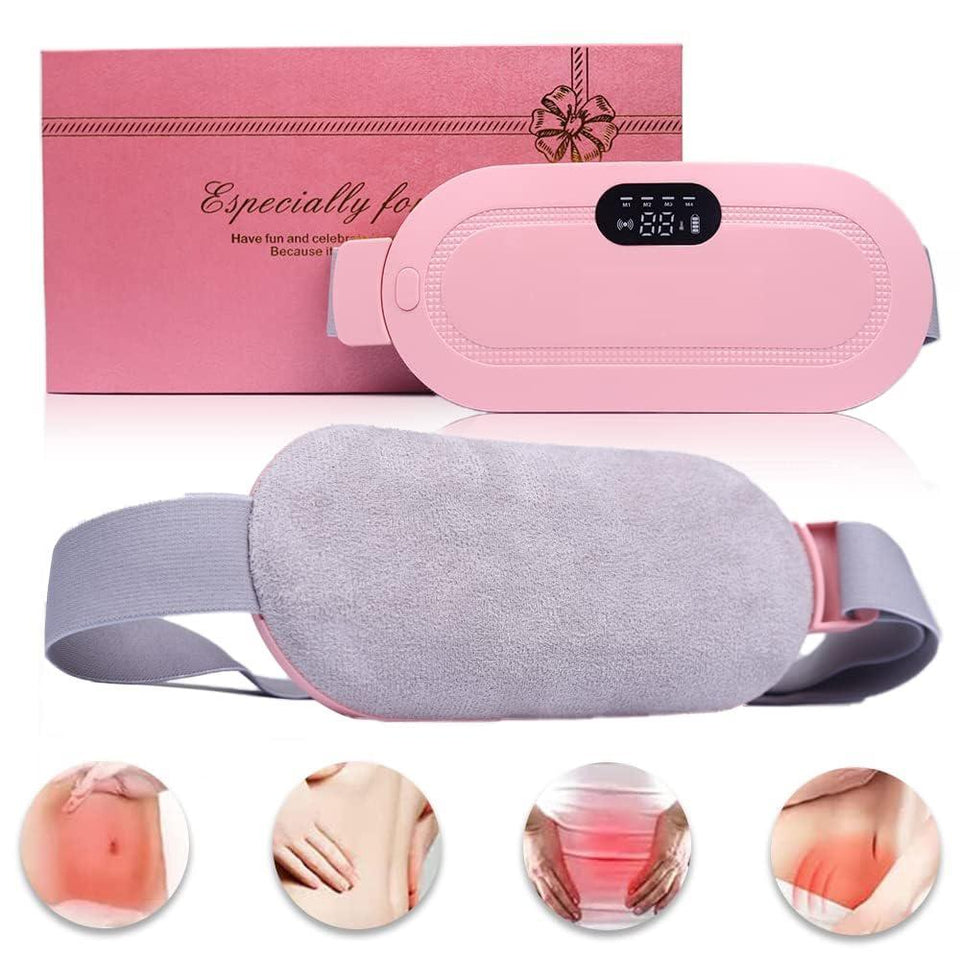 Pink and gray waist massage belt with digital display and gift box on a white background