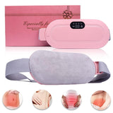 Pink and gray waist massage belt with digital display and gift box on a white background