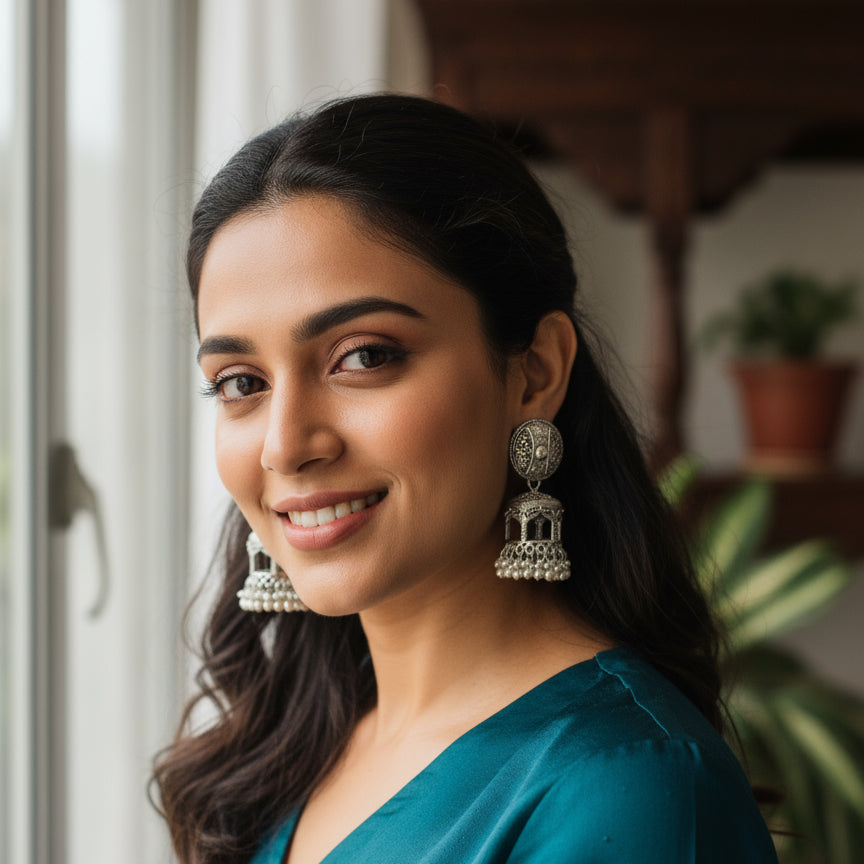Silver earrings on a wooden surface with a natural background