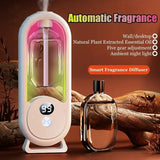 Smart fragrance diffuser with essential oil bottle on a wooden surface