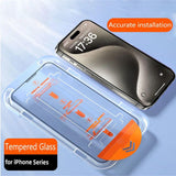 Tempered glass for iPhone Series with installation instructions on a blue background