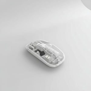 Transparent wireless mouse with text on a blue background