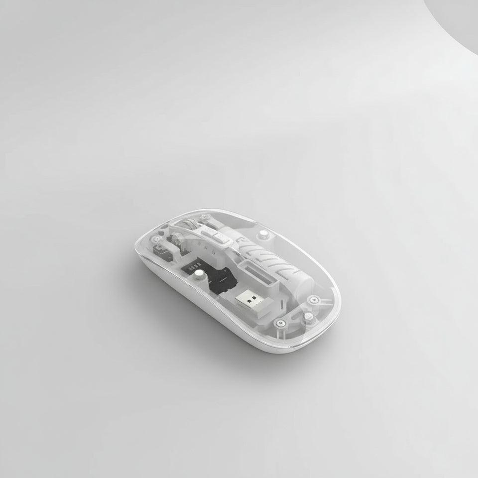 Transparent wireless mouse with text on a blue background