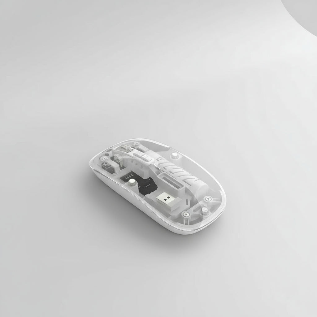 Transparent wireless mouse with text on a blue background