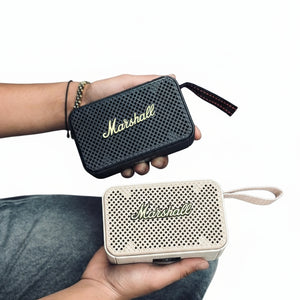 Two Marshall portable speakers held by a person inside a vehicle.