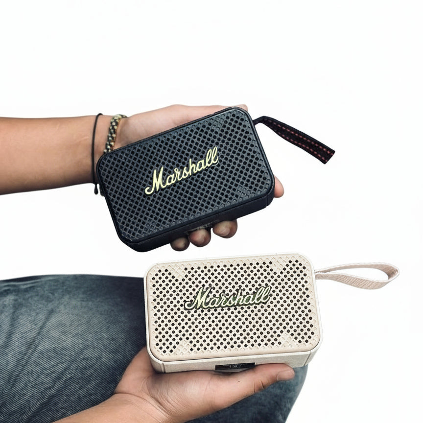 Two Marshall portable speakers held by a person inside a vehicle.