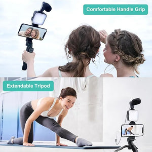 Mobile Phone Live Broadcast Kit – LED Fill Light Tripod Stand with Microphone & Selfie Stick for Vlogging & Photography