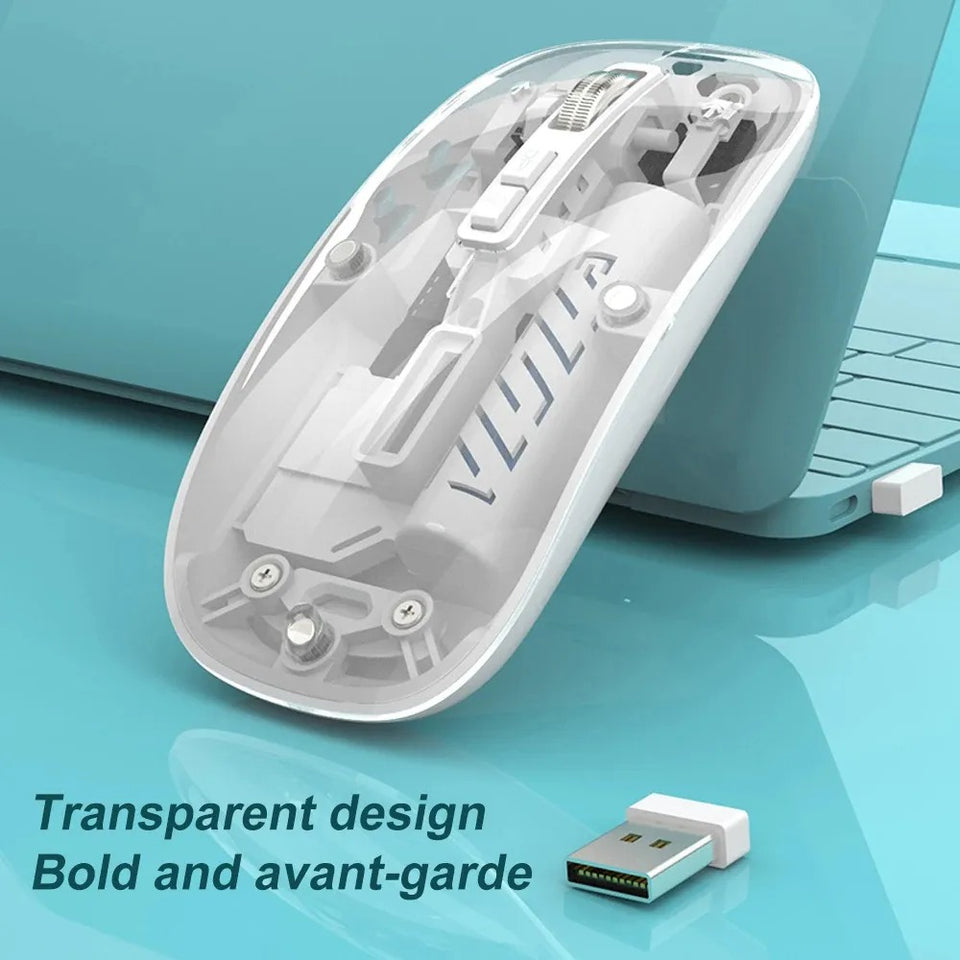 Transparent Wireless Mouse – Dual Mode (2.4GHz & Bluetooth) with Silent Click, Adjustable DPI & Rechargeable Battery