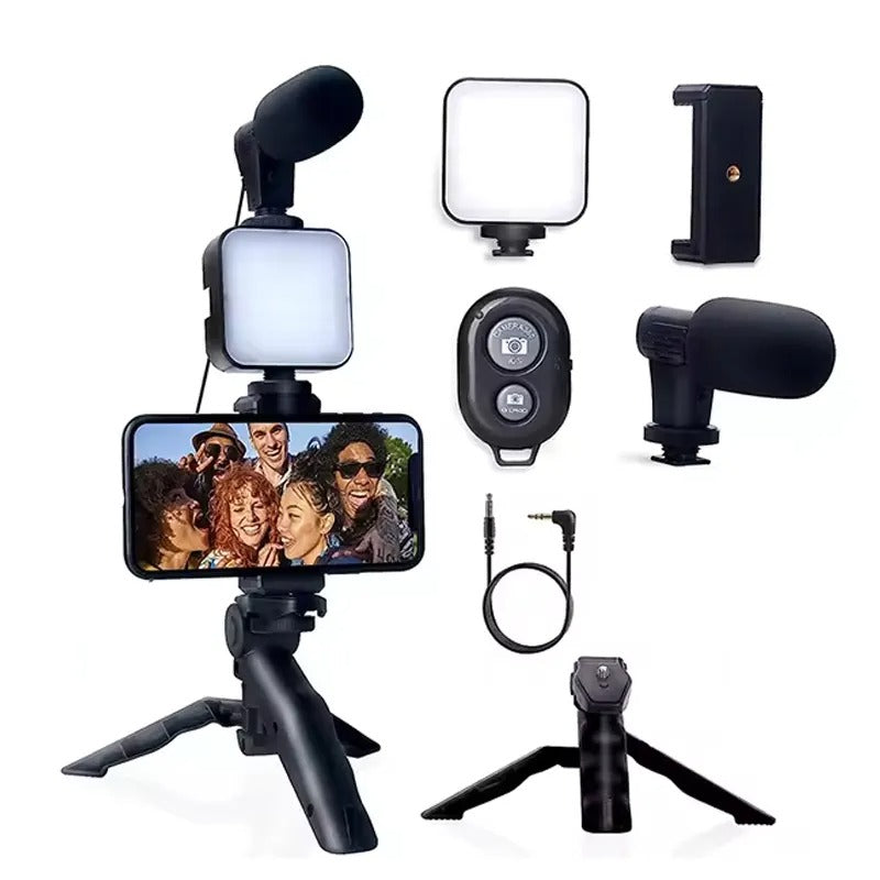 Mobile Phone Live Broadcast Kit – LED Fill Light Tripod Stand with Microphone & Selfie Stick for Vlogging & Photography