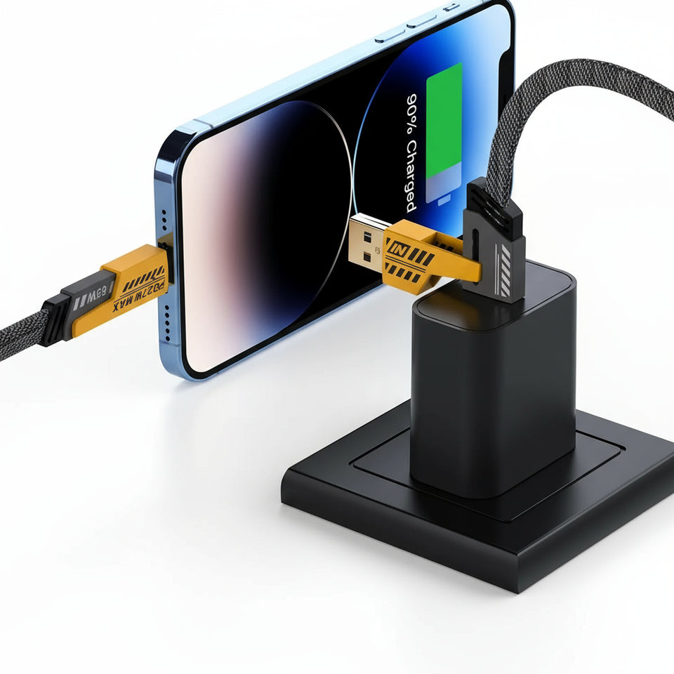 Phone charging with a fast charging cable and adapter on a dark surface