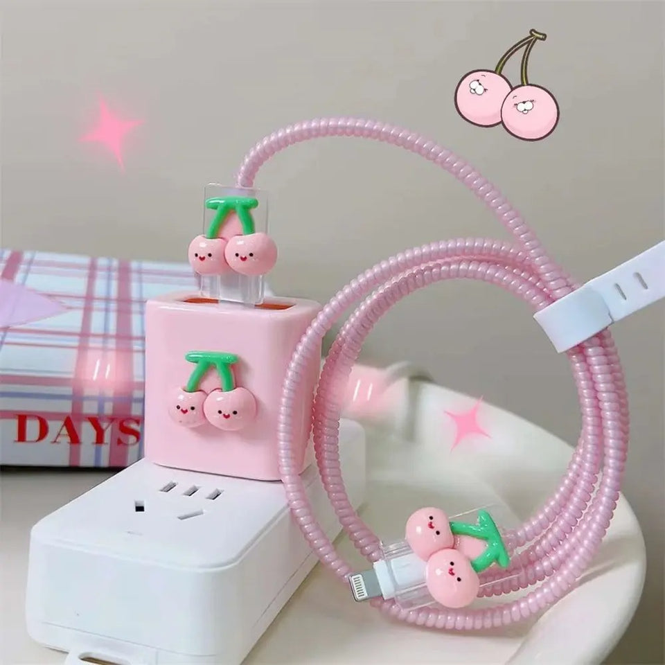 Kawaii 3D Pink Cherry TPU Silicone USB Protector – Fast Charge Cable Cover for iPhone 18W-20W
