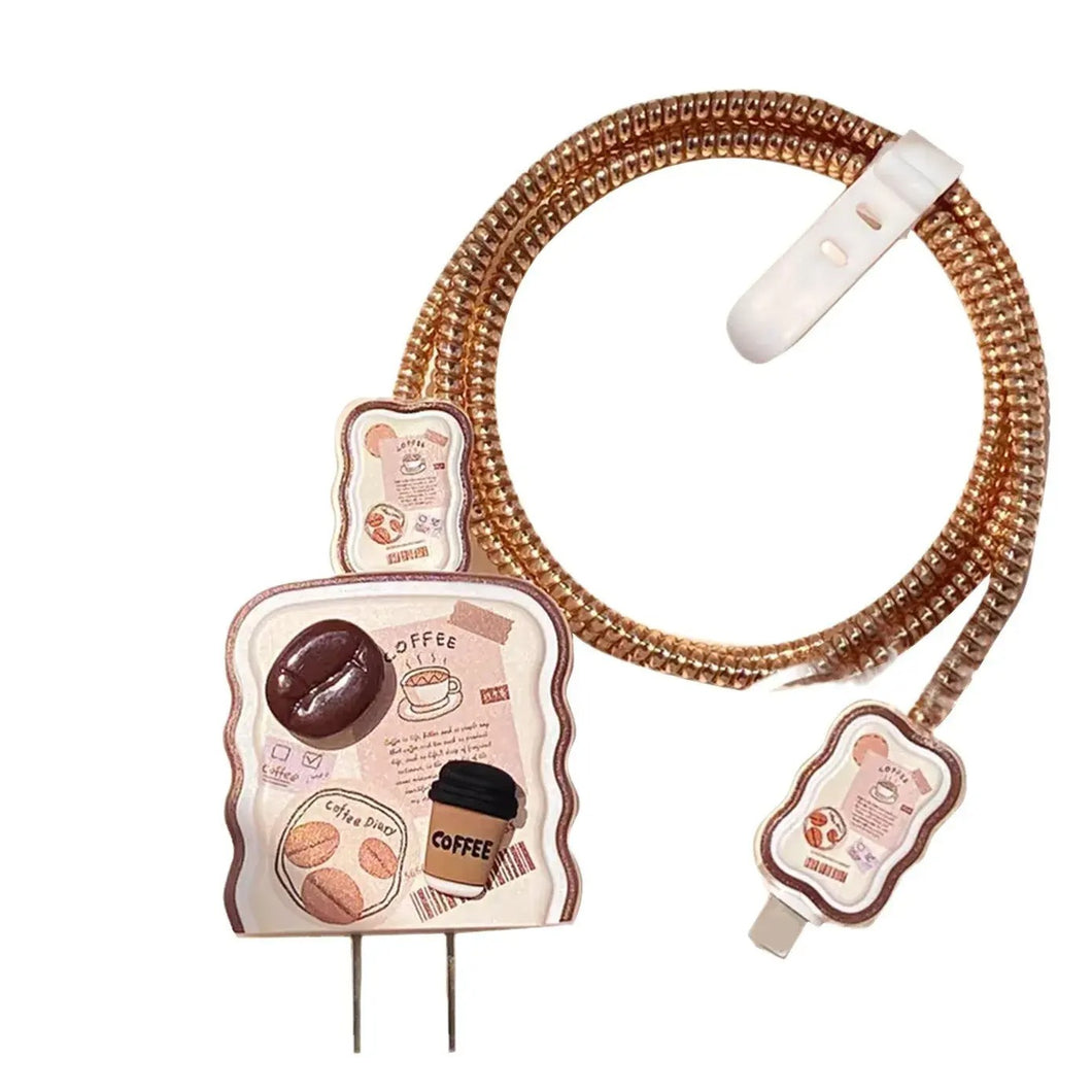 Original 18/20W iPhone Charger Cable Protector – Cute Coffee Design Spiral Winder