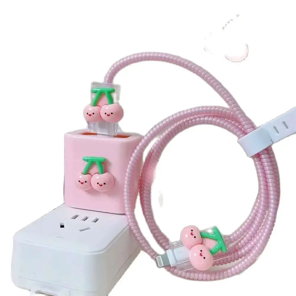 Kawaii 3D Pink Cherry TPU Silicone USB Protector – Fast Charge Cable Cover for iPhone 18W-20W