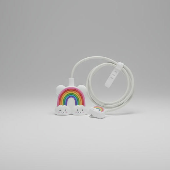 White braided cable with rainbow and cloud design on a white background