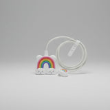 White braided cable with rainbow and cloud design on a white background