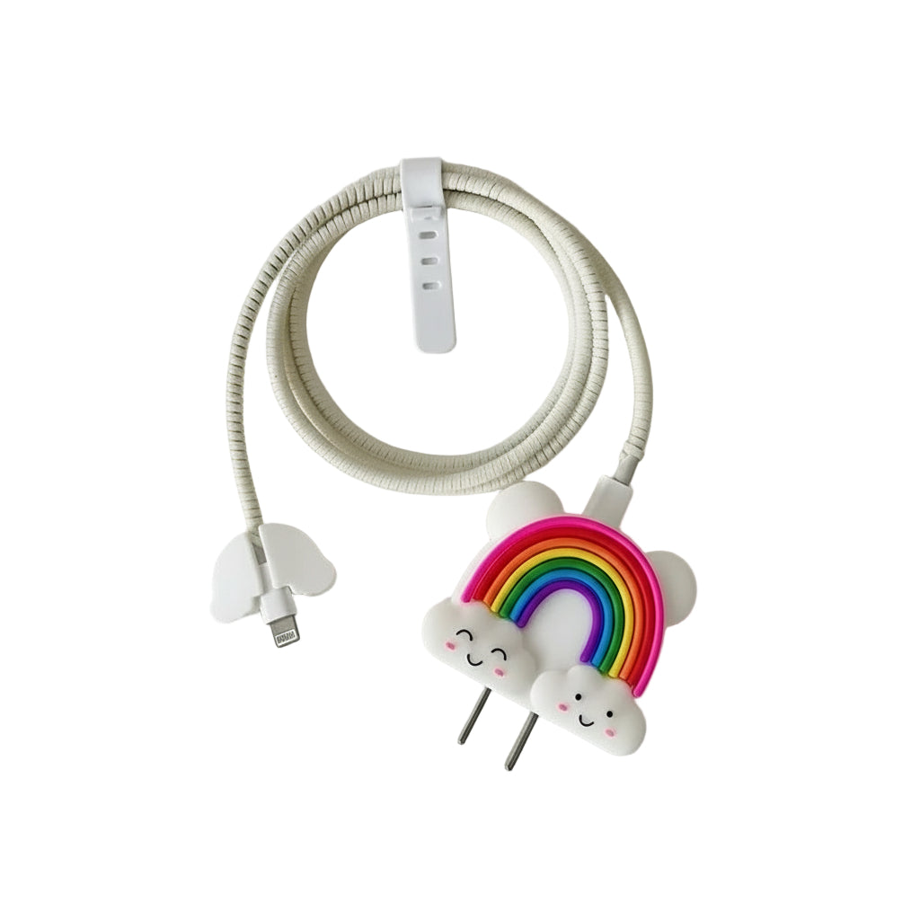 White cable with rainbow and cloud design on a light gray background