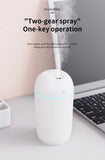 White humidifier on a desk with a laptop, text about two-gear spray and one-key operation.
