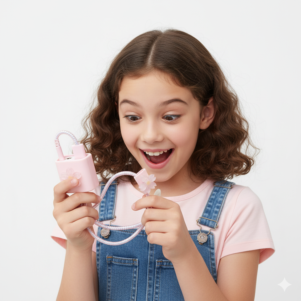 Young girl holding a pink 3D Flower Silicone Charger Case – Fast Charge iPhone Cable Protector