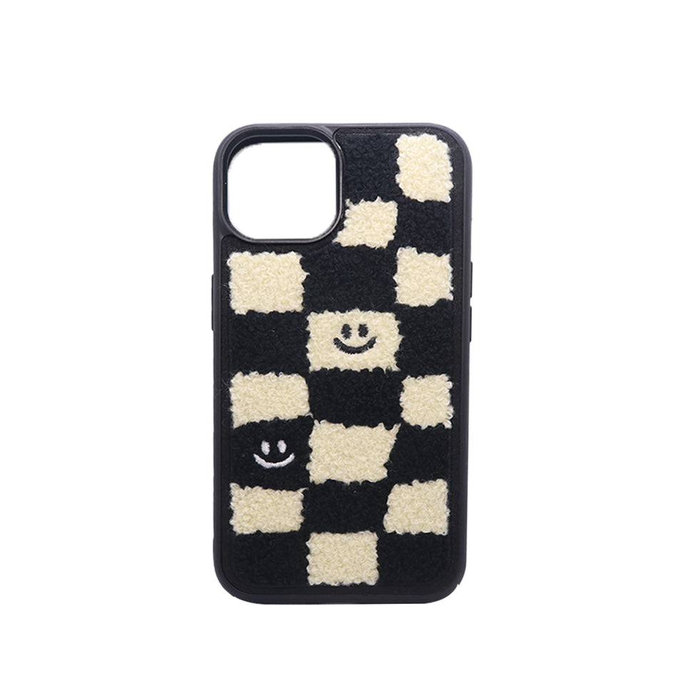 Fuzzy Checkered Smile Phone Case   Soft Plush Shockproof Protective Cover