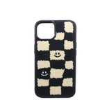 Fuzzy Checkered Smile Phone Case   Soft Plush Shockproof Protective Cover